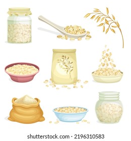 Oatmeal as Whole-grain Food with Rolled Oats in Bowl and Cereal in Package Vector Set