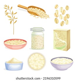 Oatmeal as Whole-grain Food with Rolled Oats in Bowl and Cereal in Package Vector Set