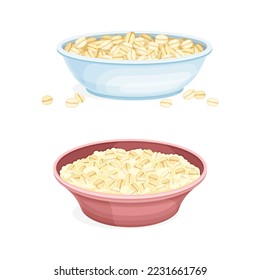 Oatmeal as Whole-grain Food with Rolled Oats in Deep Bowl Vector Set