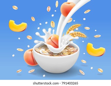 Oatmeals flakes with peach advertising with milk plash. Oats muesli in yogurt bowl