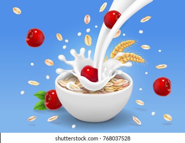 Oatmeals, Oat flakes muesli with cherry and milk splash vector illustration.