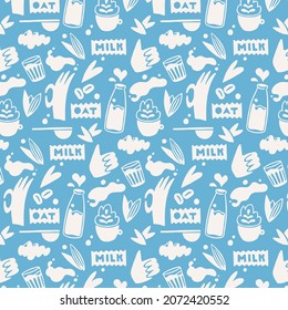 Oatmilk seamless pattern. Handdrawn vector background. Ears and grains of oats, vegan latte, spilled milk, glass and bottle of oatmilk, thumbs up and ok hand gestures. Flat doodle style.