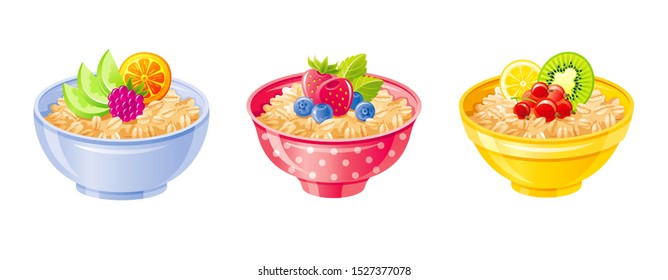 Oats bowl. Oatmeal breakfast cup, oat grain porridge with fruit & berry. 3d realistic icon. Cartoon style muesli, flake. Healthy sweet food design. Vector illustration isolated on white background