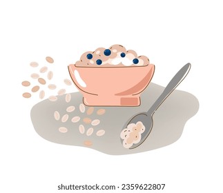 Oats bowl. Oatmeal breakfast cup, oat grain porridge.Cartoon doodle porridge with blueberries, boiled cereals and healthy food. Vector illustration.