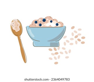 Oats bowl. Oatmeal breakfast cup, oat grain porridge.Cartoon doodle porridge with blueberries, boiled cereals and healthy food. Vector illustration.