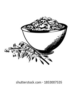 Oats bowl sketch. Oatmeal porridge bowl with grain