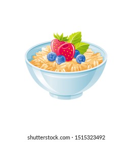 Oats bowl. Sweet oatmeal with berry, fruit. Healthy breakfast cup, oat meal porridge with strawberry, mint. 3d icon. Cartoon muesli, flake food. Vector design illustration isolated white background