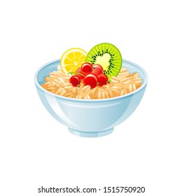 Oats bowl. Sweet oatmeal with berry, fruit. Healthy breakfast cup, oat meal porridge with kiwi, red currant. 3d icon. Cartoon muesli, flake food. Vector design illustration isolated white background