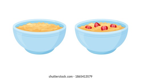 Juego de iconos del vector del intestino de avena. Harina de avena dulce con taza de desayuno de fresa, avena de grano de avena. Caricatura muesli, copo para una nutrición saludable. Ilustración alimentaria.