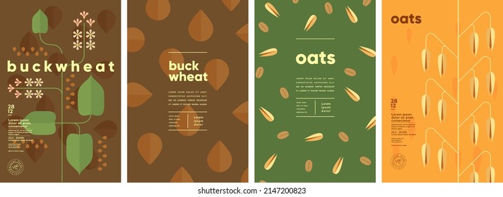 Oats. Buckwheat. Set of vector illustrations. Label design, price tag, cover design. Backgrounds and patterns. 