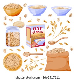 Oats cereal ears, grain in sack. Oatmeal porridge in glass jar and bowl. Vector flat cartoon illustration. Breakfast food design elements, isolated on white background