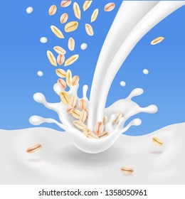 Oats Flakes Falling In Milk Splash. 3d Realistic Vector Icon Set