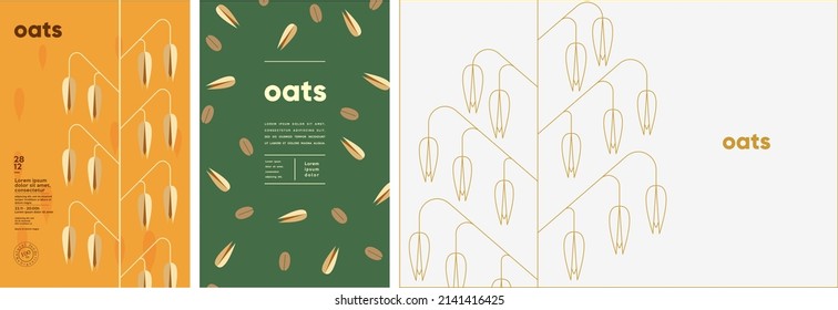 Oats. Food and natural products. Set of vector illustrations. Geometric, simple, linear style. Label, cover, price tag, background.