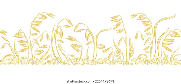 Oats grain field border. Hand drawn vector seamless pattern on white background for the bakery shop or packaging design