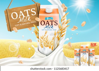 Oats milk ads with carton container and mellow milk pouring down in 3d illustration, golden grain field background