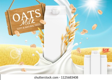 Anuncios de leche de avena con líquido giratorio y caja de cartón en blanco en el campo de grano dorado en 3d ilustración