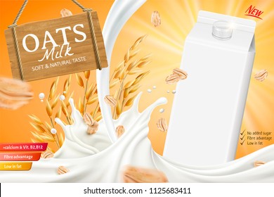 Oats milk ads with swirling liquid and blank carton box in 3d illustration