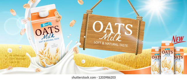 Oats Milk Banner Ads In 3d Illustration With Splashing Liquid On Golden Grain Field