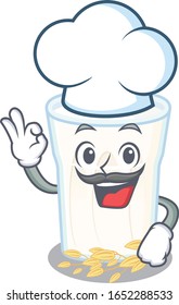 Oats milk cartoon character working as a chef and wearing white hat