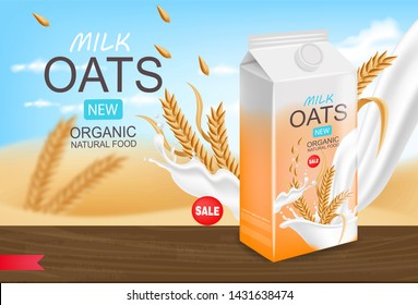 Oats milk realistic, organic milk, packaging mockup, beautiful background, splash milk, new product vector illustration