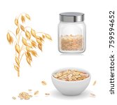 Oats, oat flakes in glass. Oatmeal and muesli in white bowl realistic vector icon