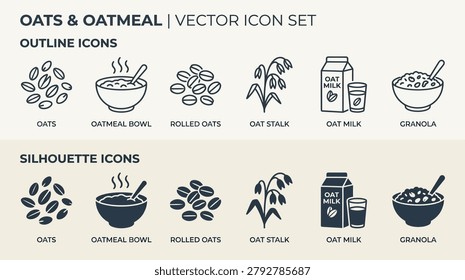 Oats oatmeal vector icon set including cereal milk and granola for healthy breakfast and nutrition related designs