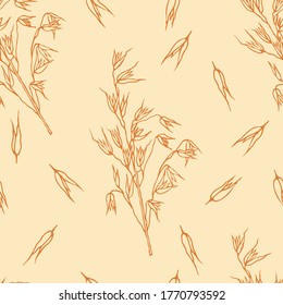 Oats plant seamless pattern. Grain plant sketch vector illustration on light camel background. 