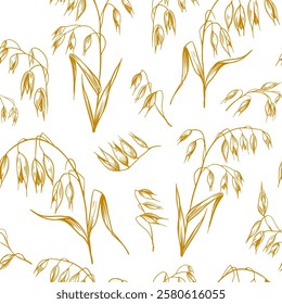 Oats seamless pattern, grains, plant, cereals, realistic sketches, vector illustrations