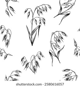 Oats seamless pattern, grains, plant, cereals, realistic sketches, vector illustrations