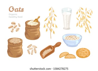 Oats set. Bag of oat flour, sack of grains, wooden scoop with cereals, golden ears of corn, oat milk and cookies. Oat flakes and bowl with oatmeal. Organic food Vector illustration. Cartoon flat style