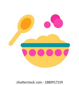 Сute oats yellow porridge bowl illustration for kids. Oatmeal healthy breakfast with grain. Cartoon banana muesli or corn flake with spoon and berries. Vector clipart set isolated on white background