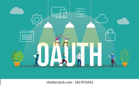 oaus concepto de autorización abierta con personas y texto grande y icono relacionado plano