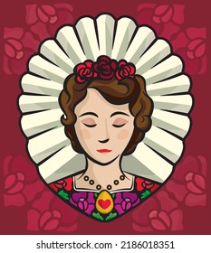 Icono de Oaxaca, México - mujer con logo vestida con traje tradicional del Istmo de Tehuantepec (región de Oaxaca), con tocado floral.
disfraz típico de oaxaca.