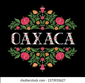 Oaxaca, Mexico illustration vector. Black background with traditional floral pattern from Mexican embroidery ornament for travel banner, tourist postcard, souvenir card design.