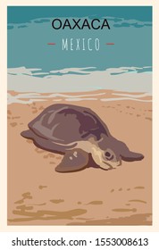 Oaxaca turtle retro poster. Oaxaca travel illustration. States of Mexico greeting card. 