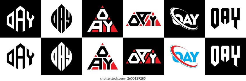 OAY letter logo design in six style. OAY polygon, circle, triangle, hexagon, flat and simple style with black and white color variation letter logo set in one artboard. OAY minimalist and classic logo