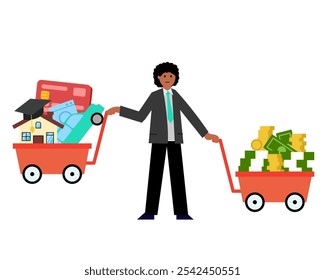 Obbligo, compra, intercambio. Ilustración plana de color simple de Vector. 