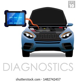 OBDII scanner or dealership level diagnostics tool being used on an open engine bay of a SUV type of vehicle for repairs or maintenance.