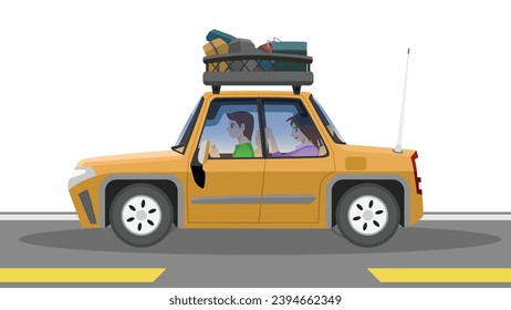 Obect vector or illustration of family trip on sedan car orange color. Driving on man with female passenger sit in the back. Cars have racks to carry luggage and other things for long distances.