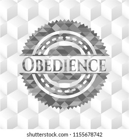 Obedience grey emblem. Retro with geometric cube white background