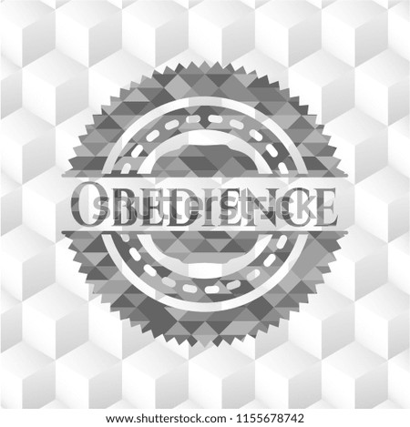 Obedience grey emblem. Retro with geometric cube white background
