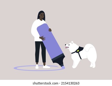 Obedience training, a young female African owner teaching a dog to respect their personal space