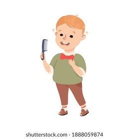 Obedient Boy with Good Breeding Combing His Hair and Grooming Vector Illustration