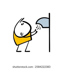 Obedient child washes and dries his hands after going to the toilet. Vector illustration of a boy and  device with warm air in  public place. Isolated funny character on white background.