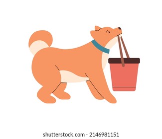 Obedient dog carrying, bringing bucket in mouth. Doggy pet holding thing in jaws, looking up with obedience. Good trained canine animal puppy. Flat vector illustration isolated on white background