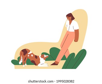 Obedient dog obeying down command of its female trainer. Pet owner training and teaching doggy. Canine animal and instructor. Colored flat vector illustration isolated on white background