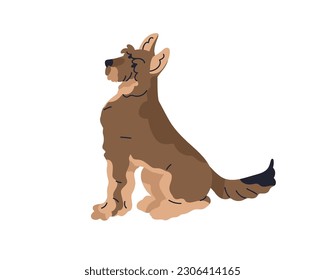 Obedient dog sitting. Cute puppy profile. Smart faithful canine animal, side view. Loyal trained doggy, companion pup of Schnauzer breed. Flat vector illustration isolated on white background