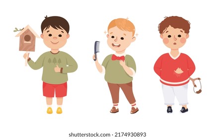 Obedient and Naughty Boy with Nesting Box and Forked Stick Vector Set