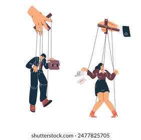 Obedient puppet office workers business woman and man controlled by hand vector set. Cartoon marionette employees with strings tied to arms and legs. Manipulation, exploitation