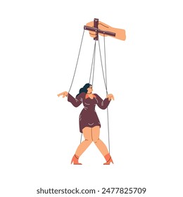 Obedient puppet woman controlled by hand vector illustration. Cartoon marionette character with strings tied to arms and legs. Manipulation, abuse, dependence on toxic relationship, exploitation